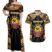 Mozambique Couples Matching Off Shoulder Maxi Dress and Hawaiian Shirt with Black Brown Tribal Design and National Emblem - Wonder Print Shop