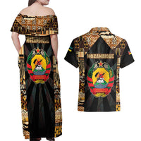 Mozambique Couples Matching Off Shoulder Maxi Dress and Hawaiian Shirt with Black Brown Tribal Design and National Emblem - Wonder Print Shop