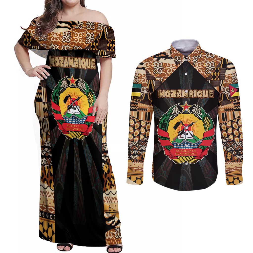 Mozambique Couples Matching Off Shoulder Maxi Dress and Long Sleeve Button Shirt with Black Brown Tribal Design and National Emblem - Wonder Print Shop