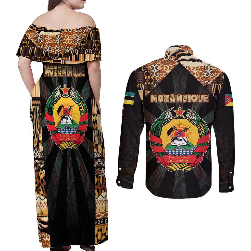 Mozambique Couples Matching Off Shoulder Maxi Dress and Long Sleeve Button Shirt with Black Brown Tribal Design and National Emblem - Wonder Print Shop