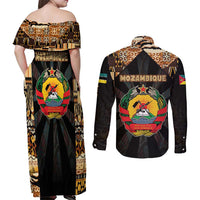 Mozambique Couples Matching Off Shoulder Maxi Dress and Long Sleeve Button Shirt with Black Brown Tribal Design and National Emblem - Wonder Print Shop