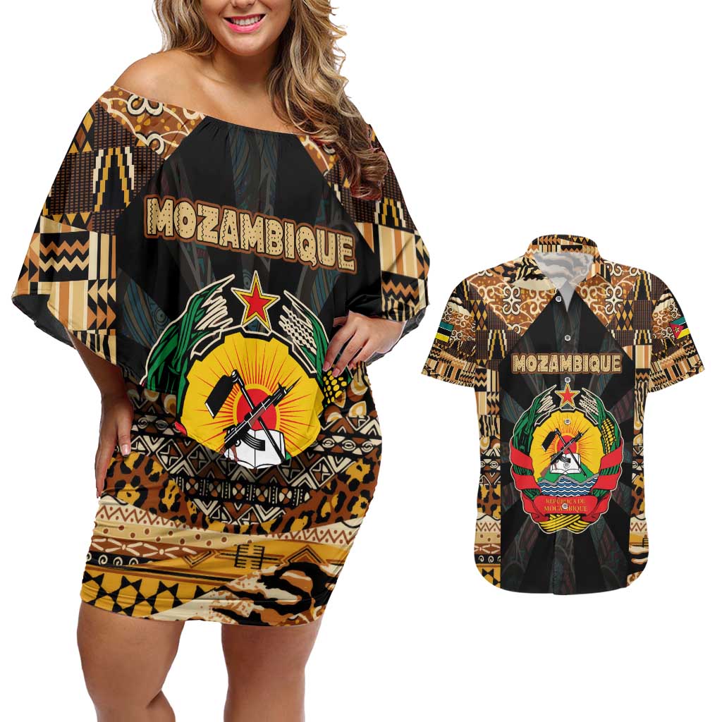 Mozambique Couples Matching Off Shoulder Short Dress and Hawaiian Shirt with Black Brown Tribal Design and National Emblem - Wonder Print Shop