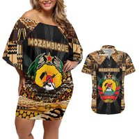 Mozambique Couples Matching Off Shoulder Short Dress and Hawaiian Shirt with Black Brown Tribal Design and National Emblem - Wonder Print Shop