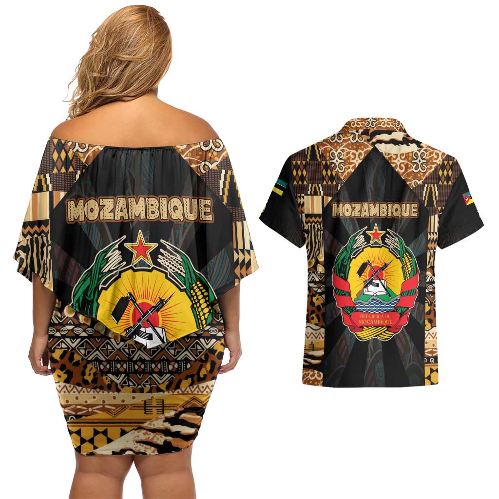 Mozambique Couples Matching Off Shoulder Short Dress and Hawaiian Shirt with Black Brown Tribal Design and National Emblem - Wonder Print Shop