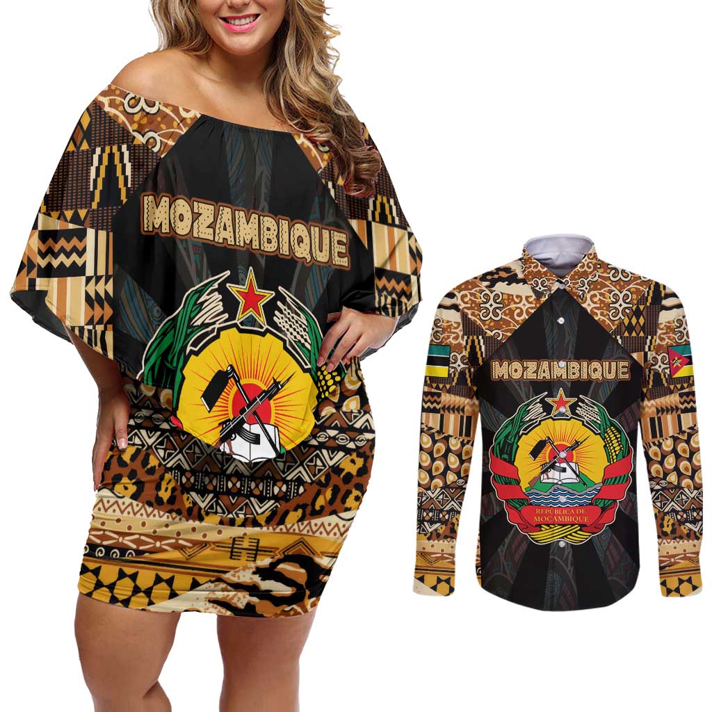 Mozambique Couples Matching Off Shoulder Short Dress and Long Sleeve Button Shirt with Black Brown Tribal Design and National Emblem - Wonder Print Shop