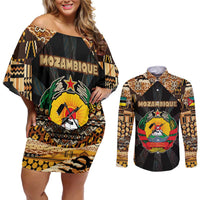 Mozambique Couples Matching Off Shoulder Short Dress and Long Sleeve Button Shirt with Black Brown Tribal Design and National Emblem - Wonder Print Shop
