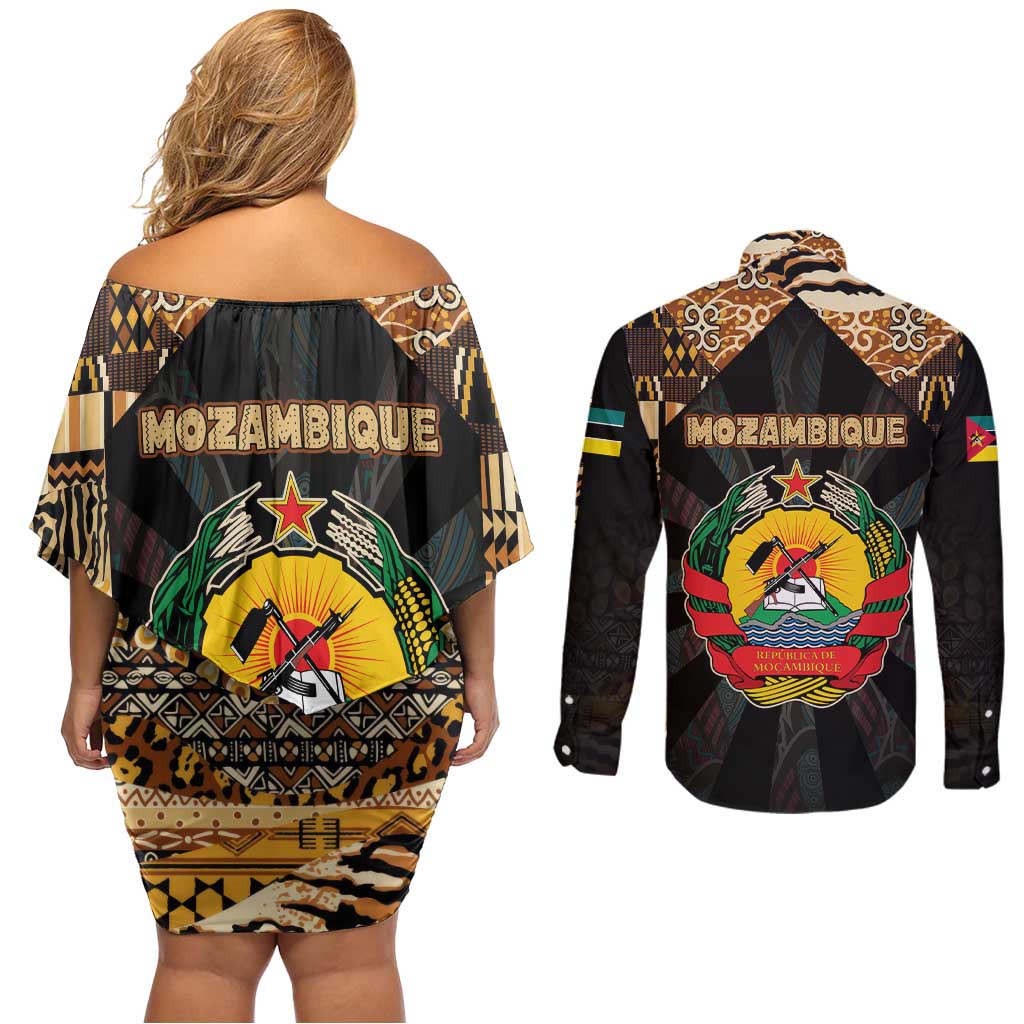 Mozambique Couples Matching Off Shoulder Short Dress and Long Sleeve Button Shirt with Black Brown Tribal Design and National Emblem - Wonder Print Shop