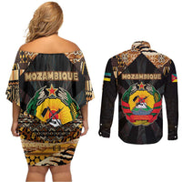 Mozambique Couples Matching Off Shoulder Short Dress and Long Sleeve Button Shirt with Black Brown Tribal Design and National Emblem - Wonder Print Shop
