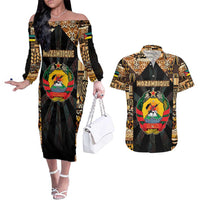 Mozambique Couples Matching Off The Shoulder Long Sleeve Dress and Hawaiian Shirt with Black Brown Tribal Design and National Emblem - Wonder Print Shop