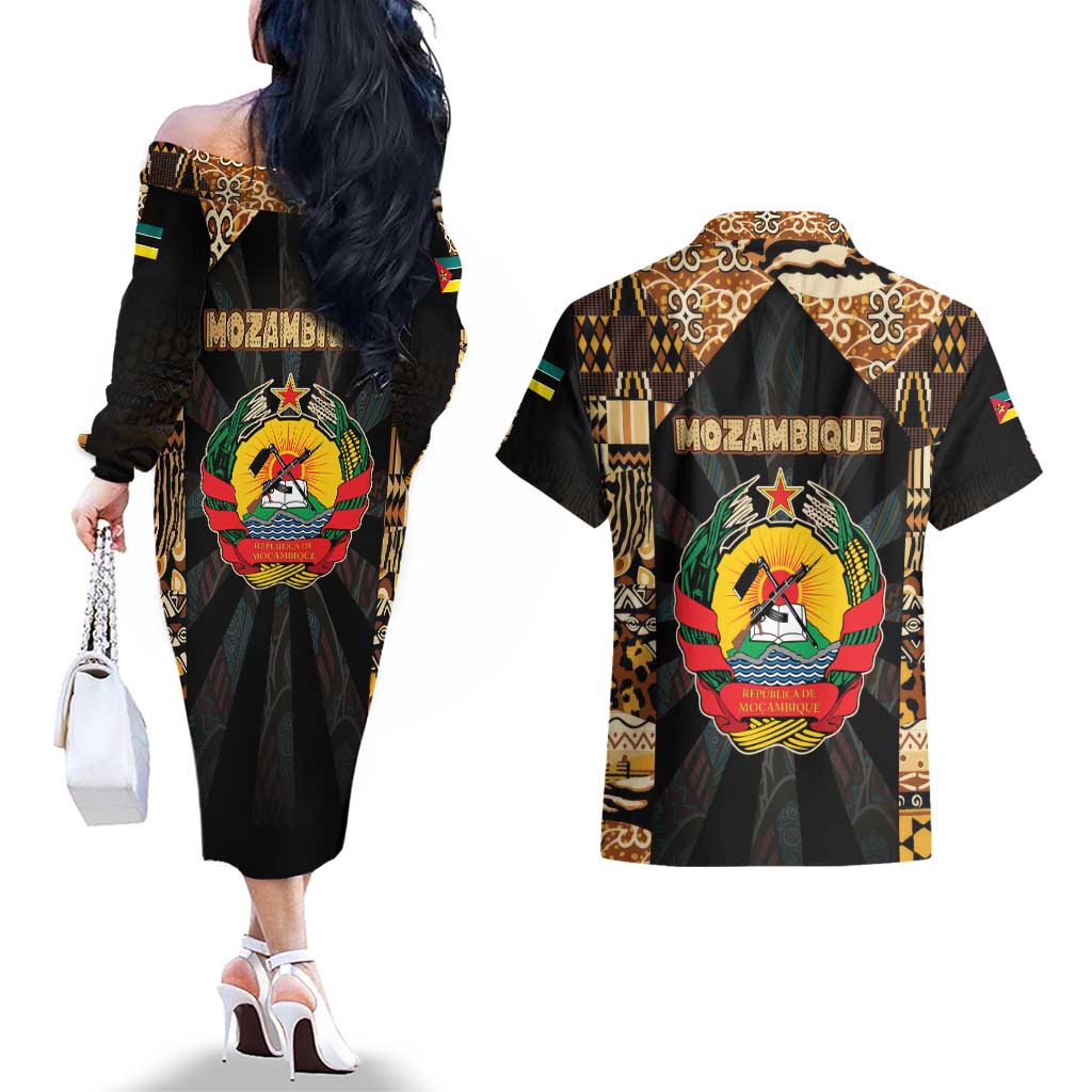 Mozambique Couples Matching Off The Shoulder Long Sleeve Dress and Hawaiian Shirt with Black Brown Tribal Design and National Emblem - Wonder Print Shop