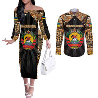 Mozambique Couples Matching Off The Shoulder Long Sleeve Dress and Long Sleeve Button Shirt with Black Brown Tribal Design and National Emblem - Wonder Print Shop