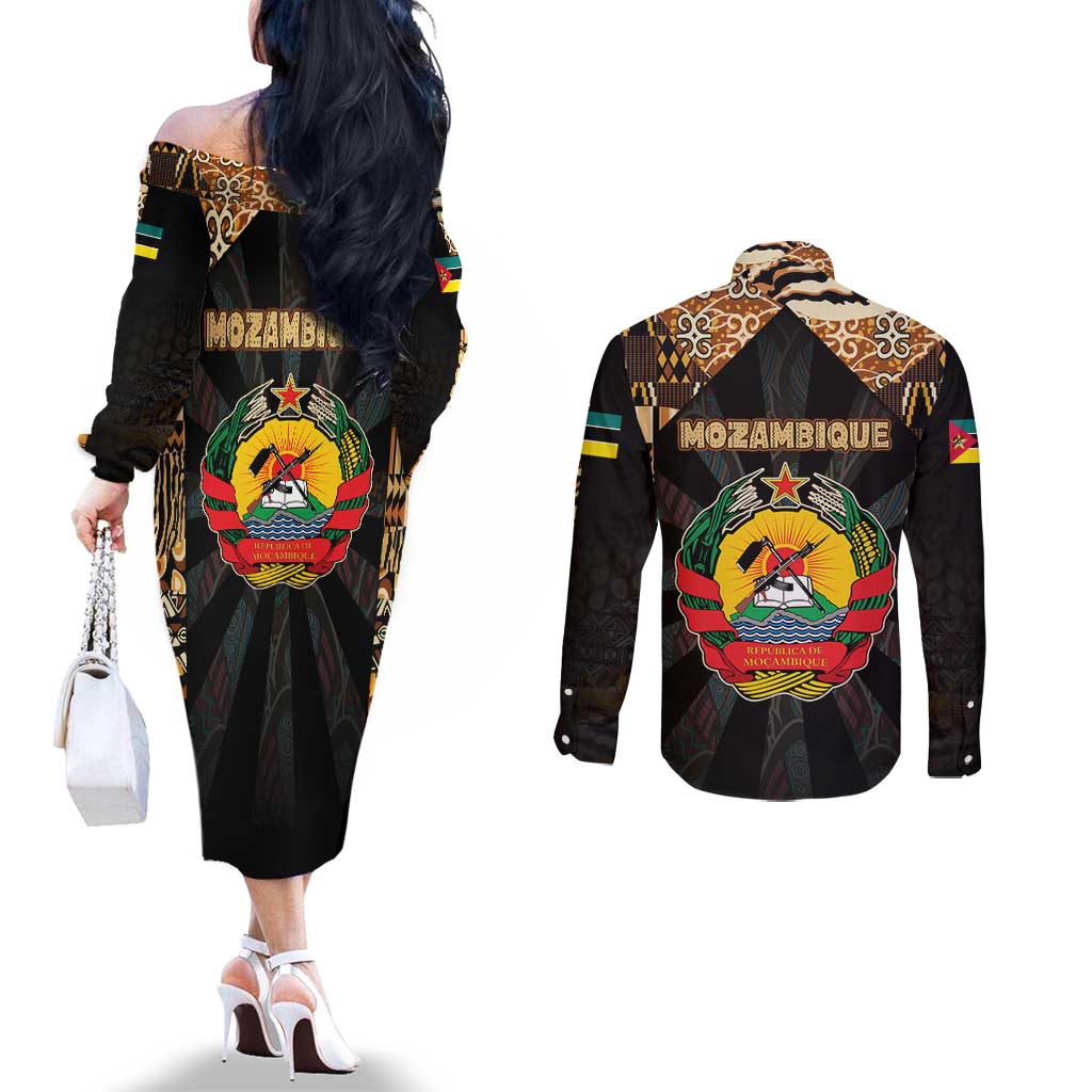 Mozambique Couples Matching Off The Shoulder Long Sleeve Dress and Long Sleeve Button Shirt with Black Brown Tribal Design and National Emblem - Wonder Print Shop