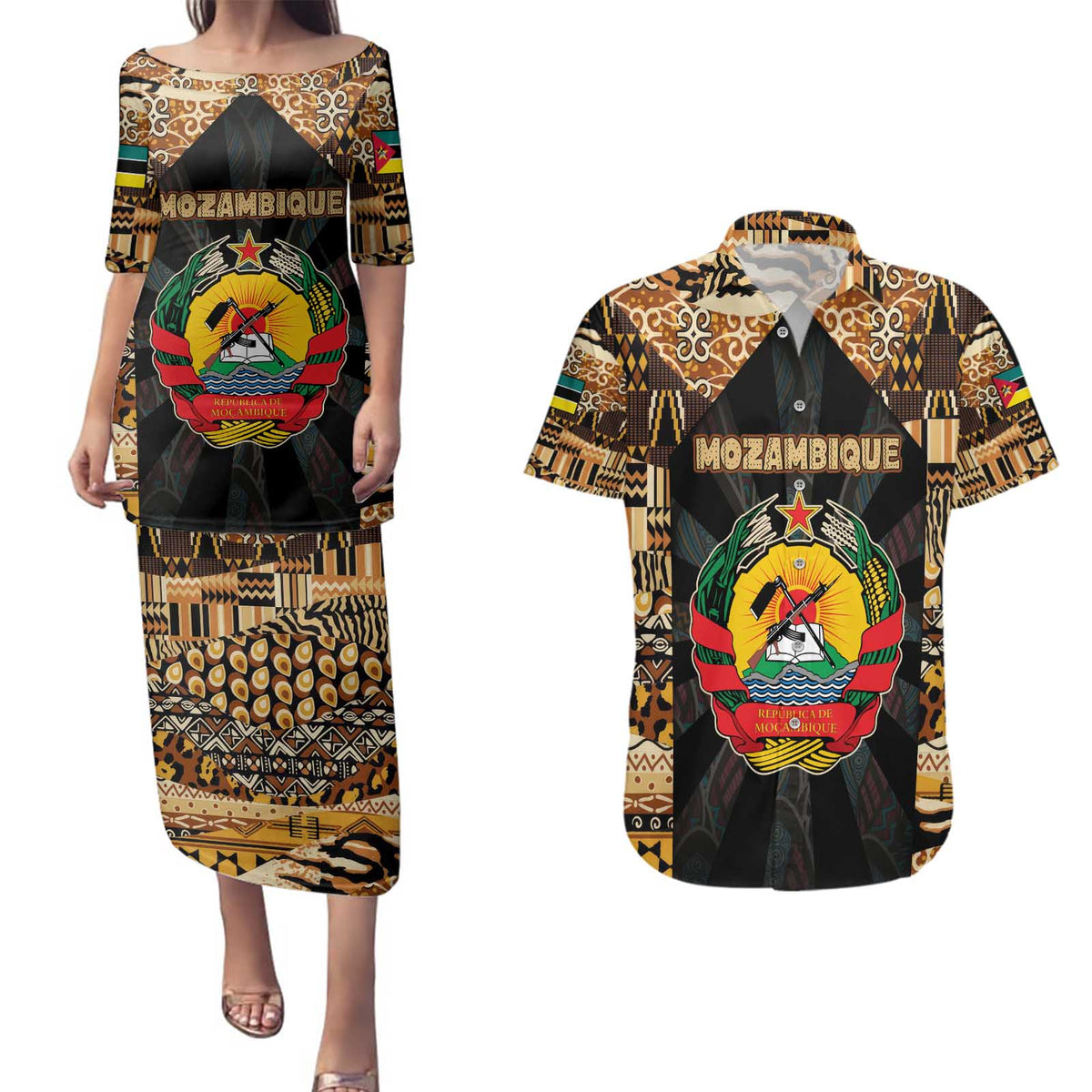 Mozambique Couples Matching Puletasi and Hawaiian Shirt with Black Brown Tribal Design and National Emblem - Wonder Print Shop