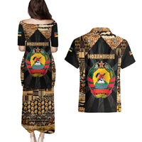 Mozambique Couples Matching Puletasi and Hawaiian Shirt with Black Brown Tribal Design and National Emblem - Wonder Print Shop