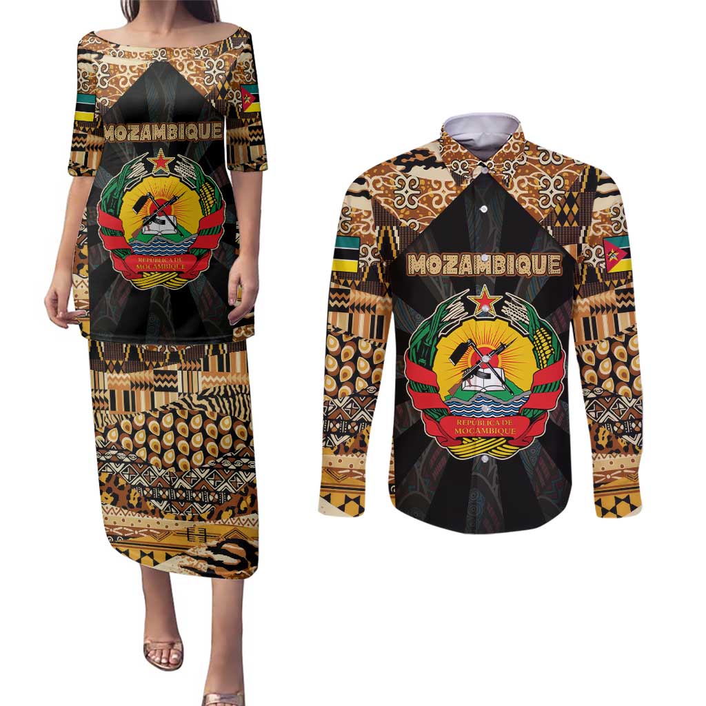 Mozambique Couples Matching Puletasi and Long Sleeve Button Shirt with Black Brown Tribal Design and National Emblem - Wonder Print Shop