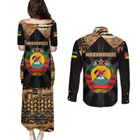 Mozambique Couples Matching Puletasi and Long Sleeve Button Shirt with Black Brown Tribal Design and National Emblem - Wonder Print Shop