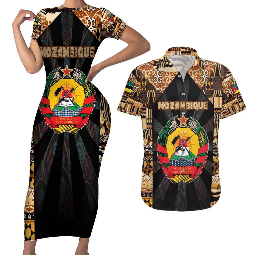 Mozambique Couples Matching Short Sleeve Bodycon Dress and Hawaiian Shirt with Black Brown Tribal Design and National Emblem - Wonder Print Shop
