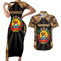 Mozambique Couples Matching Short Sleeve Bodycon Dress and Hawaiian Shirt with Black Brown Tribal Design and National Emblem - Wonder Print Shop