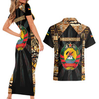 Mozambique Couples Matching Short Sleeve Bodycon Dress and Hawaiian Shirt with Black Brown Tribal Design and National Emblem - Wonder Print Shop