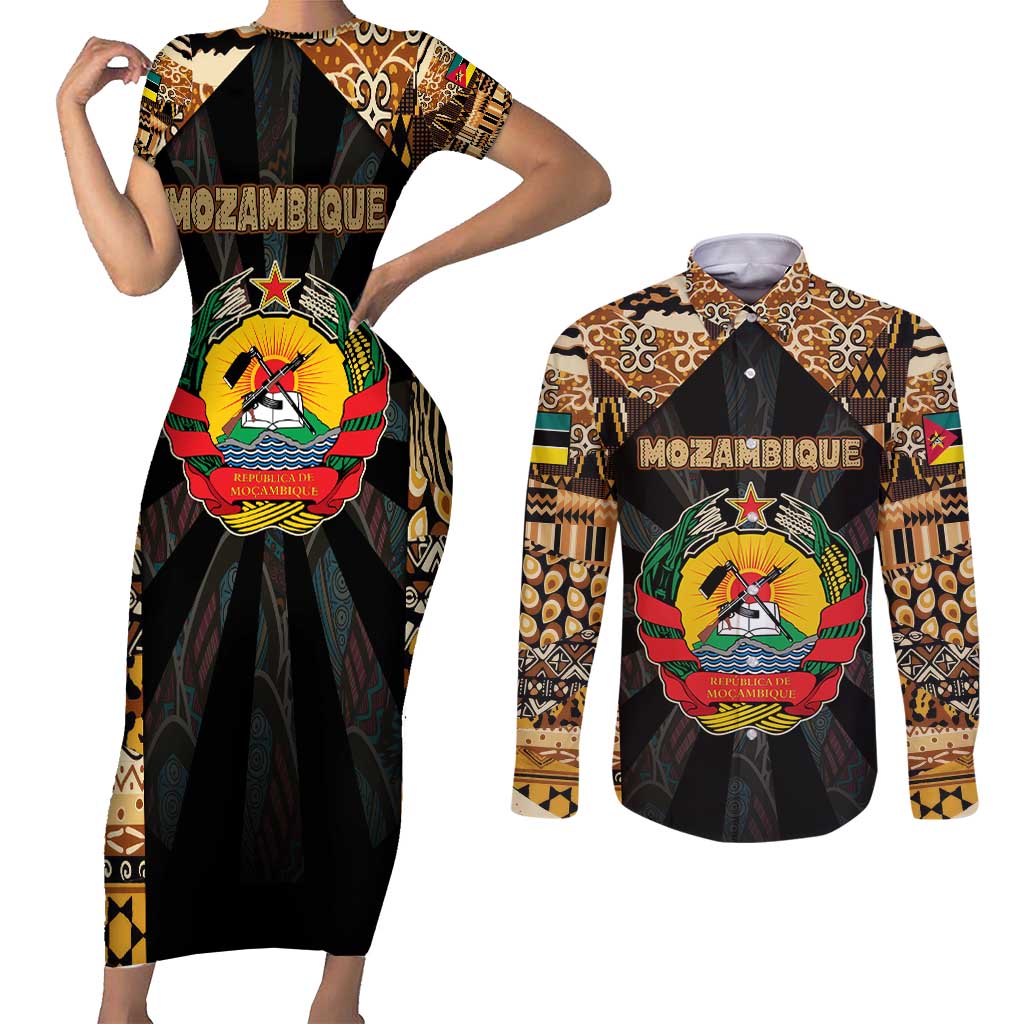 Mozambique Couples Matching Short Sleeve Bodycon Dress and Long Sleeve Button Shirt with Black Brown Tribal Design and National Emblem - Wonder Print Shop