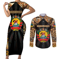 Mozambique Couples Matching Short Sleeve Bodycon Dress and Long Sleeve Button Shirt with Black Brown Tribal Design and National Emblem - Wonder Print Shop