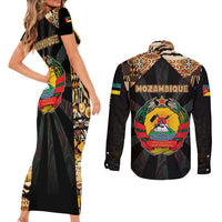 Mozambique Couples Matching Short Sleeve Bodycon Dress and Long Sleeve Button Shirt with Black Brown Tribal Design and National Emblem - Wonder Print Shop