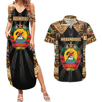 Mozambique Couples Matching Summer Maxi Dress and Hawaiian Shirt with Black Brown Tribal Design and National Emblem - Wonder Print Shop