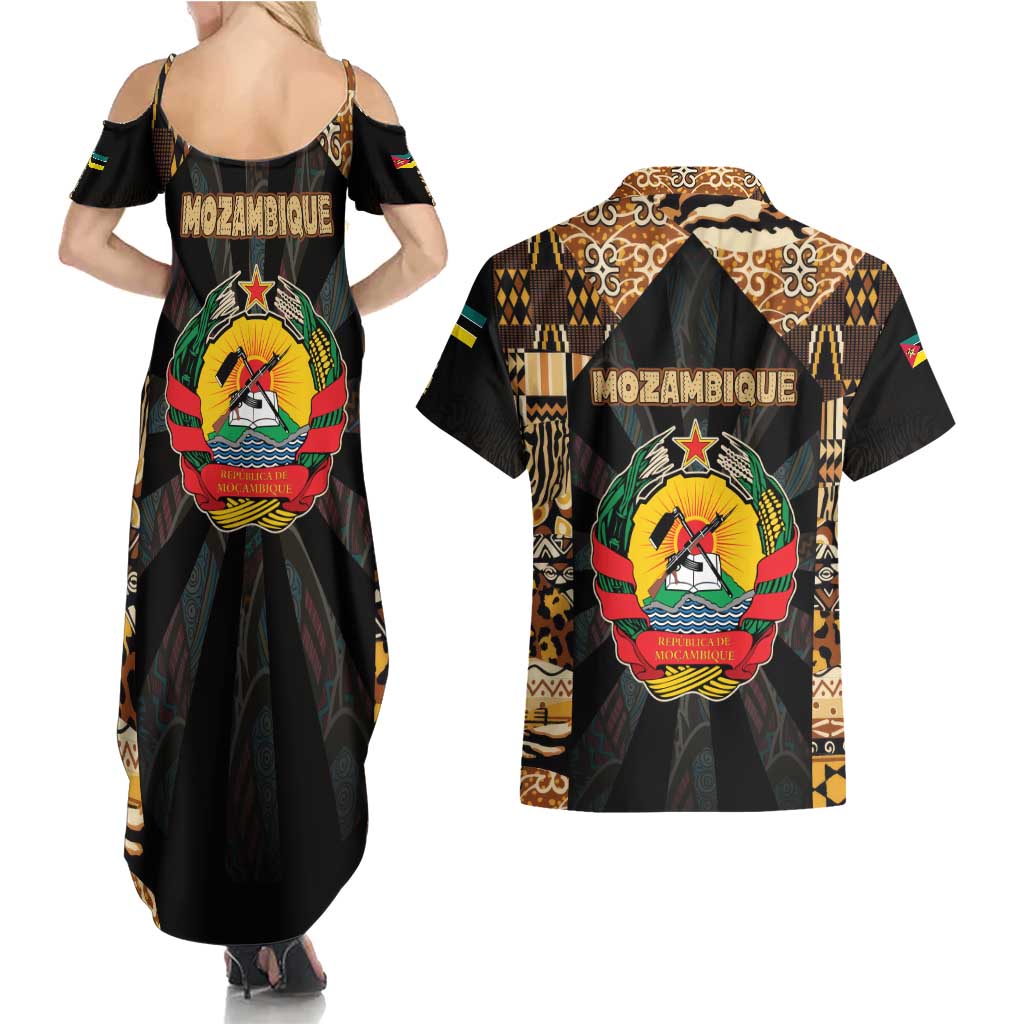 Mozambique Couples Matching Summer Maxi Dress and Hawaiian Shirt with Black Brown Tribal Design and National Emblem - Wonder Print Shop