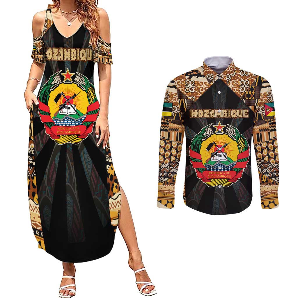 Mozambique Couples Matching Summer Maxi Dress and Long Sleeve Button Shirt with Black Brown Tribal Design and National Emblem - Wonder Print Shop
