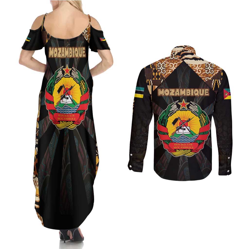 Mozambique Couples Matching Summer Maxi Dress and Long Sleeve Button Shirt with Black Brown Tribal Design and National Emblem - Wonder Print Shop