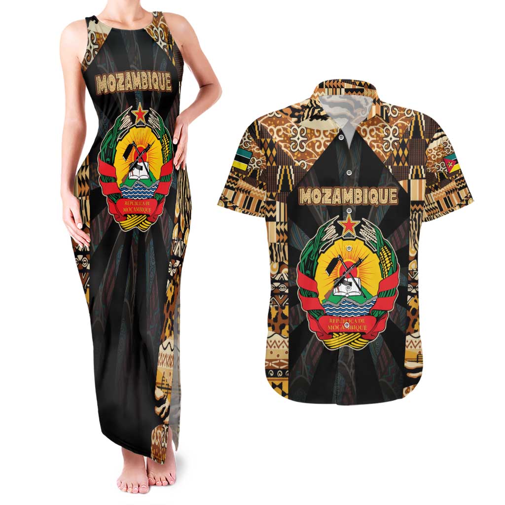 Mozambique Couples Matching Tank Maxi Dress and Hawaiian Shirt with Black Brown Tribal Design and National Emblem - Wonder Print Shop