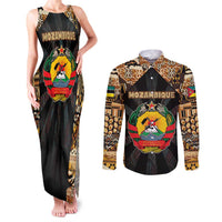 Mozambique Couples Matching Tank Maxi Dress and Long Sleeve Button Shirt with Black Brown Tribal Design and National Emblem - Wonder Print Shop