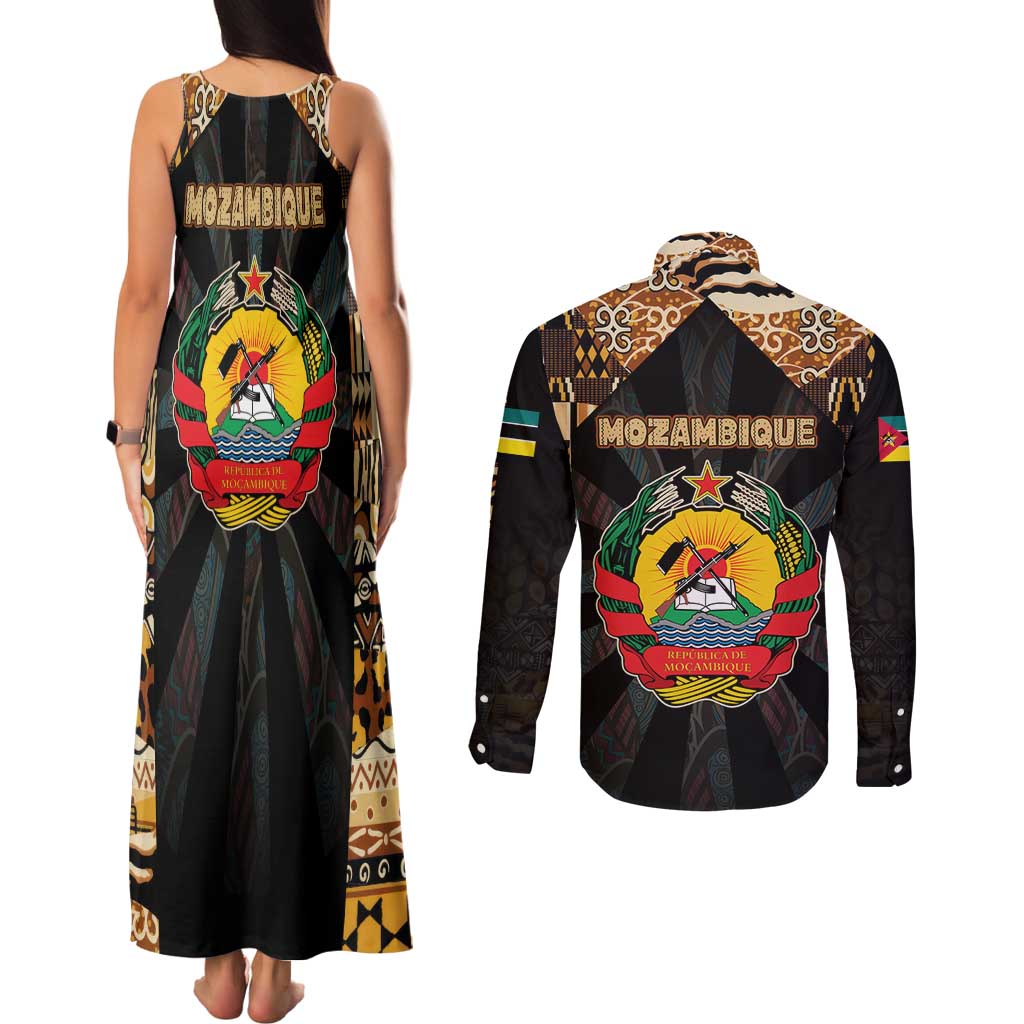 Mozambique Couples Matching Tank Maxi Dress and Long Sleeve Button Shirt with Black Brown Tribal Design and National Emblem - Wonder Print Shop