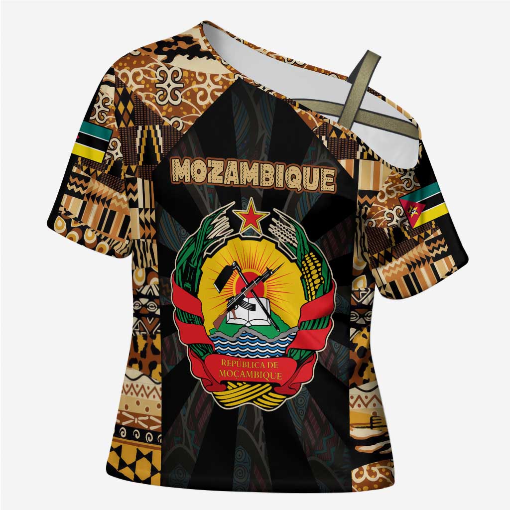 Mozambique Cross Shoulder Shirt with Black Brown Tribal Design and National Emblem - Wonder Print Shop