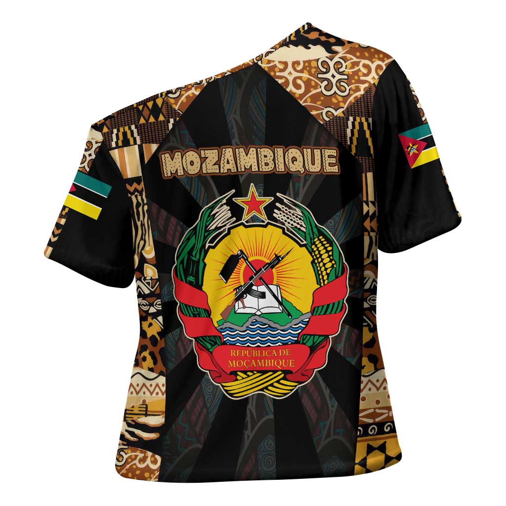 Mozambique Cross Shoulder Shirt with Black Brown Tribal Design and National Emblem - Wonder Print Shop