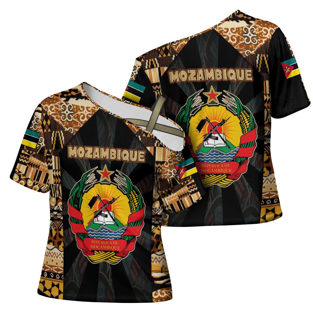 Mozambique Cross Shoulder Shirt with Black Brown Tribal Design and National Emblem - Wonder Print Shop