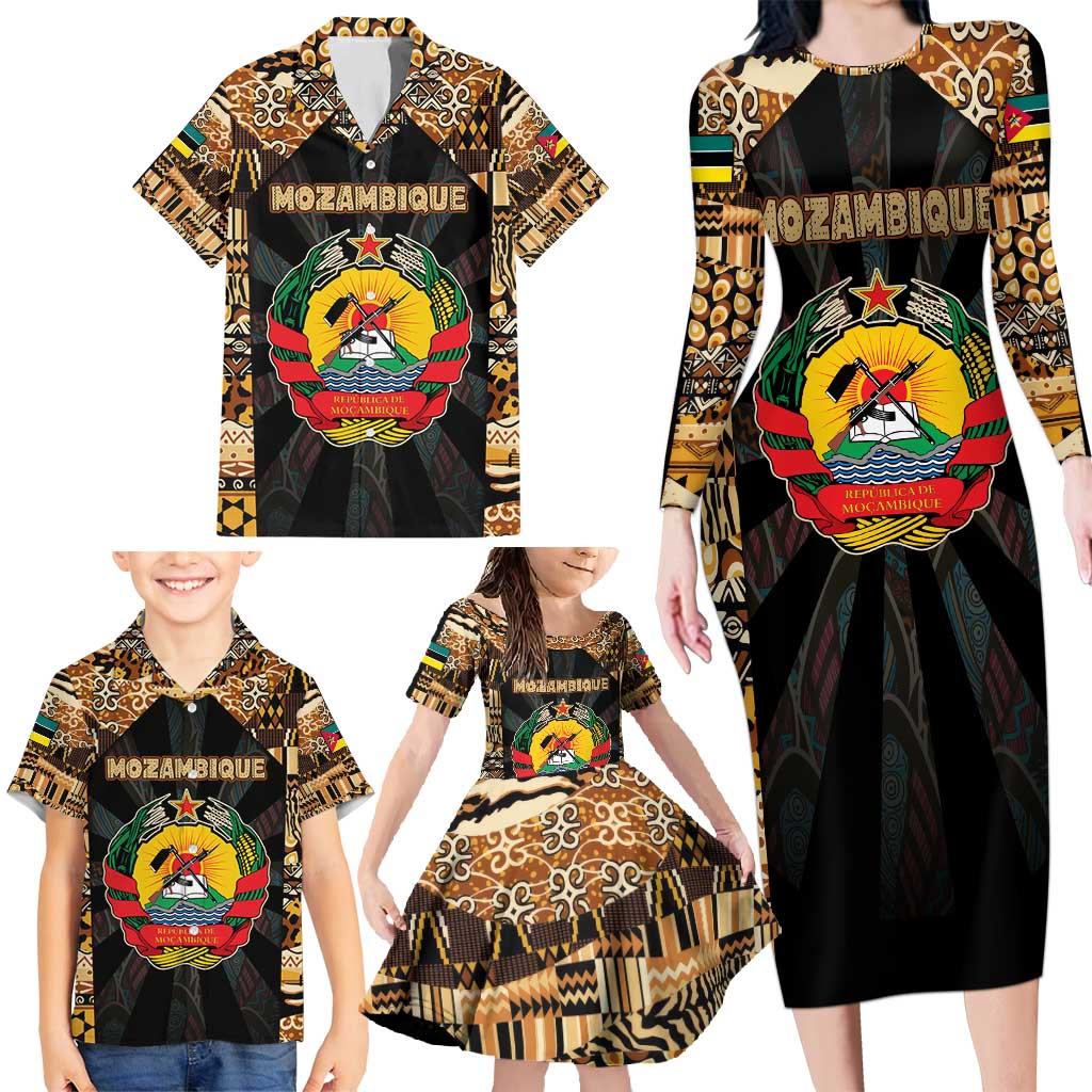 Mozambique Family Matching Long Sleeve Bodycon Dress and Hawaiian Shirt with Black Brown Tribal Design and National Emblem - Wonder Print Shop
