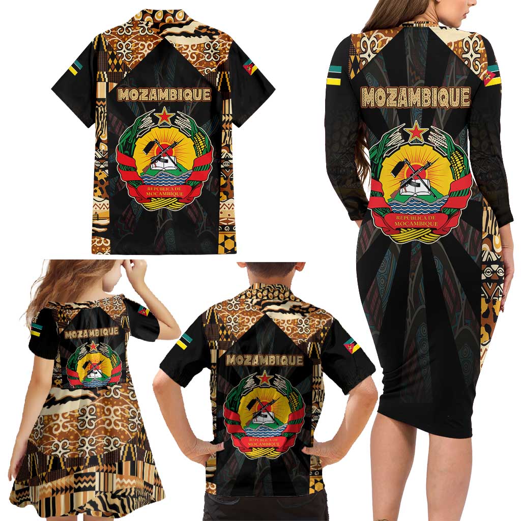 Mozambique Family Matching Long Sleeve Bodycon Dress and Hawaiian Shirt with Black Brown Tribal Design and National Emblem - Wonder Print Shop