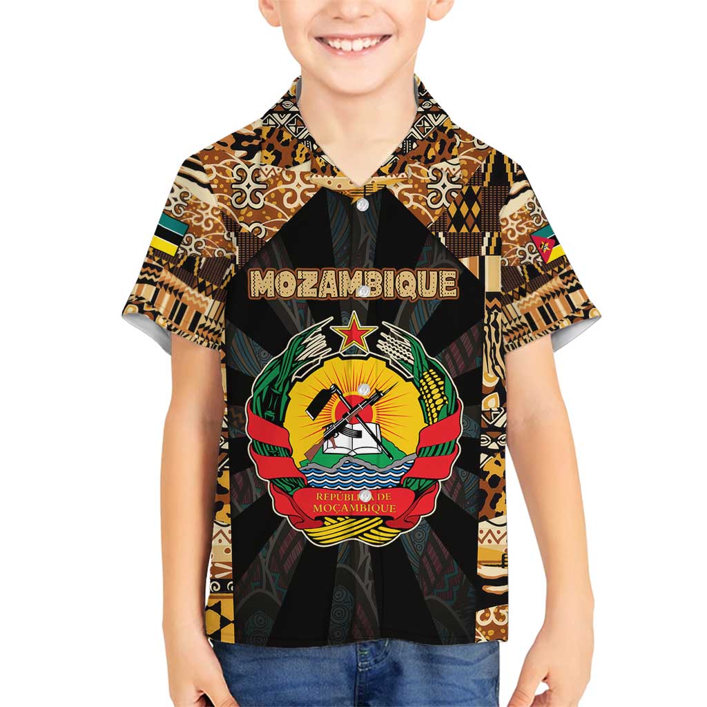 Mozambique Family Matching Long Sleeve Bodycon Dress and Hawaiian Shirt with Black Brown Tribal Design and National Emblem - Wonder Print Shop
