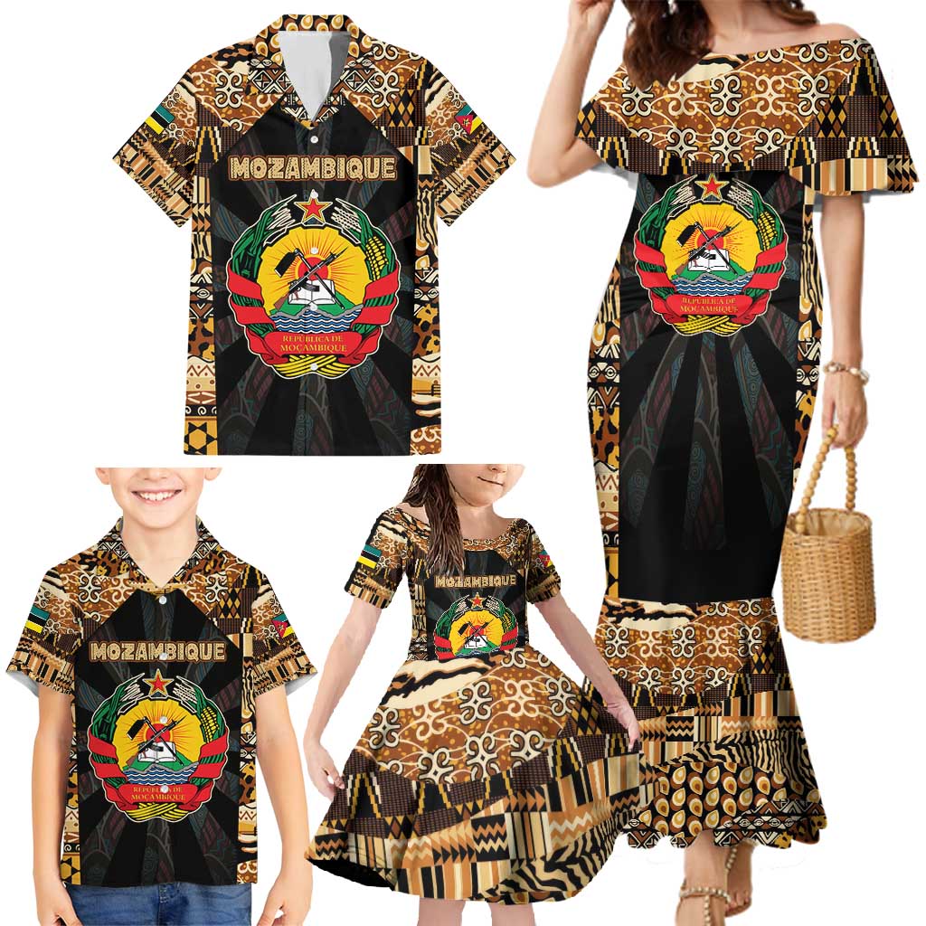 Mozambique Family Matching Mermaid Dress and Hawaiian Shirt with Black Brown Tribal Design and National Emblem - Wonder Print Shop