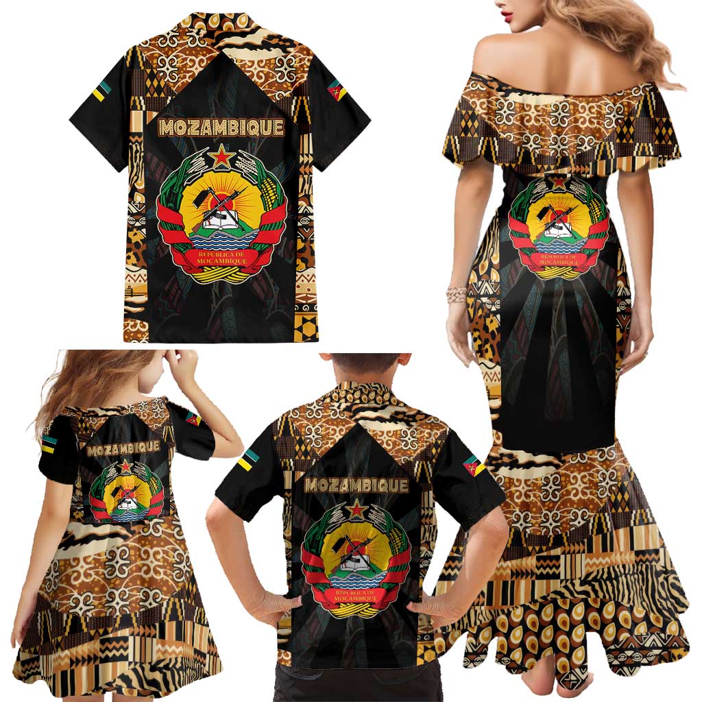 Mozambique Family Matching Mermaid Dress and Hawaiian Shirt with Black Brown Tribal Design and National Emblem - Wonder Print Shop
