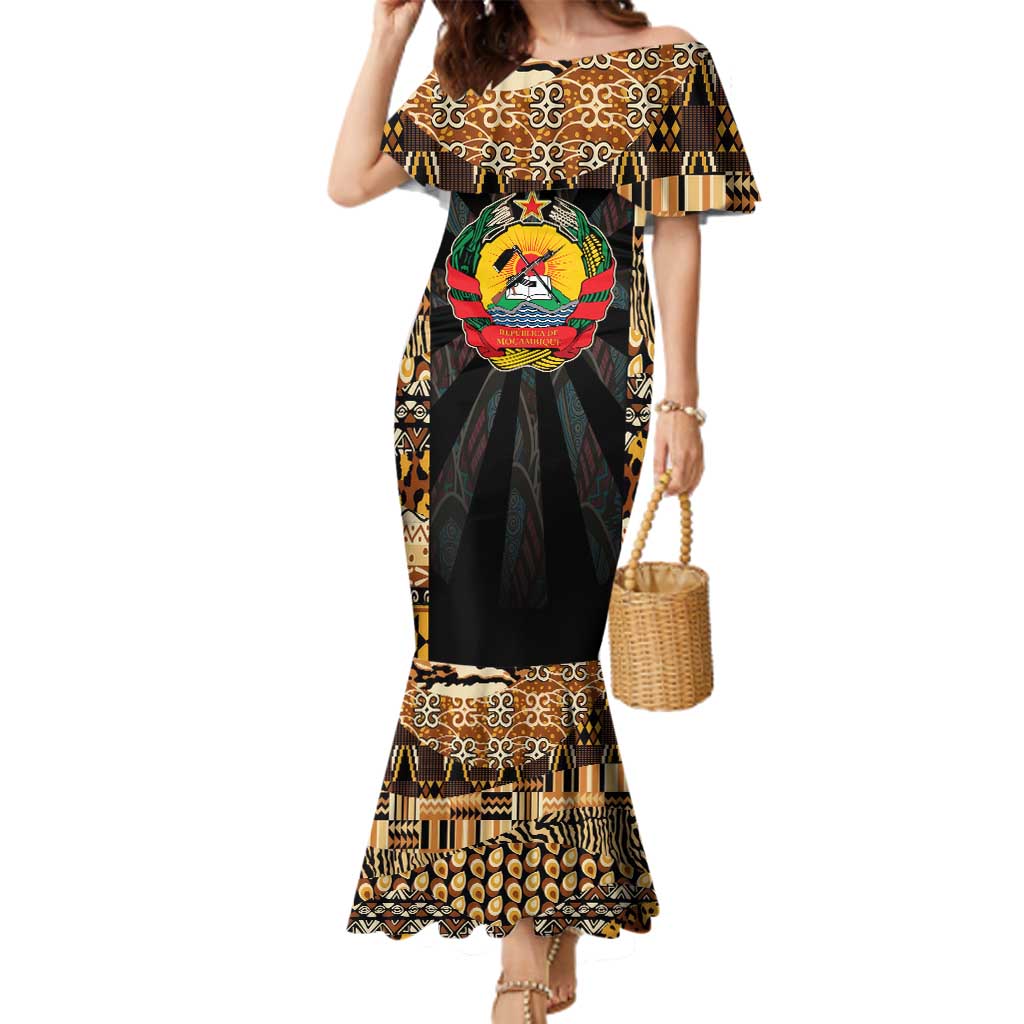 Mozambique Family Matching Mermaid Dress and Hawaiian Shirt with Black Brown Tribal Design and National Emblem - Wonder Print Shop