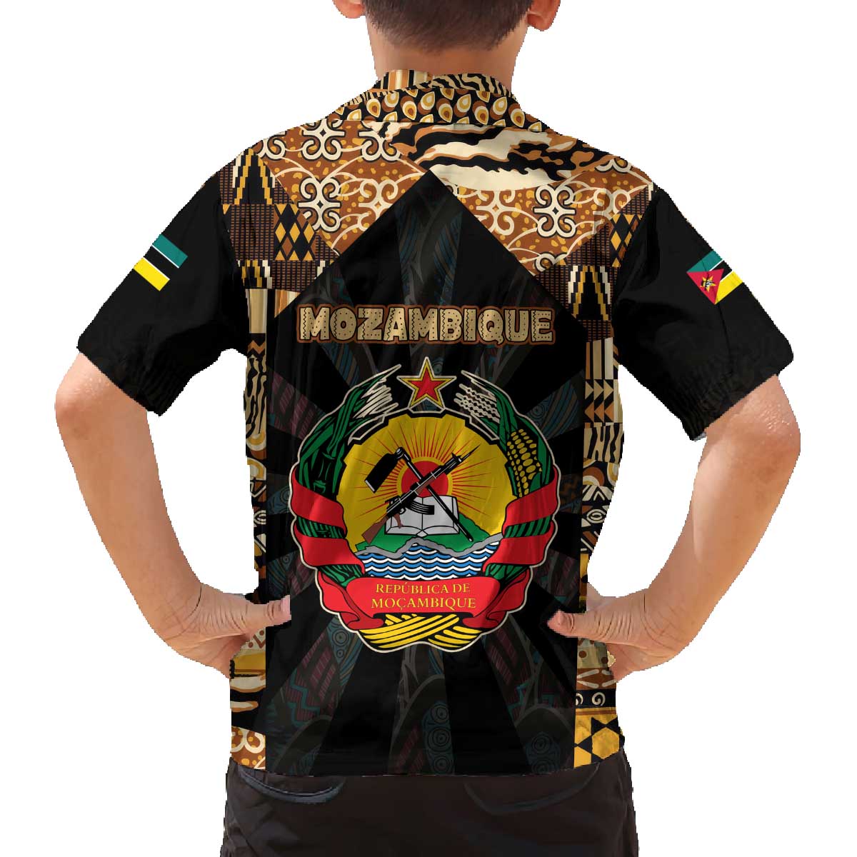 Mozambique Family Matching Off The Shoulder Long Sleeve Dress and Hawaiian Shirt with Black Brown Tribal Design and National Emblem - Wonder Print Shop
