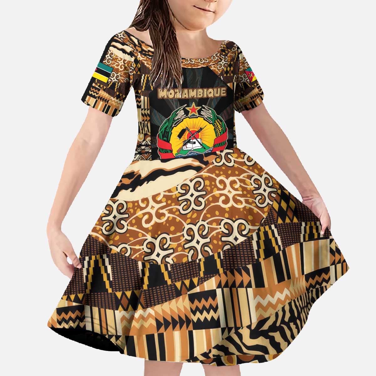 Mozambique Family Matching Off The Shoulder Long Sleeve Dress and Hawaiian Shirt with Black Brown Tribal Design and National Emblem - Wonder Print Shop