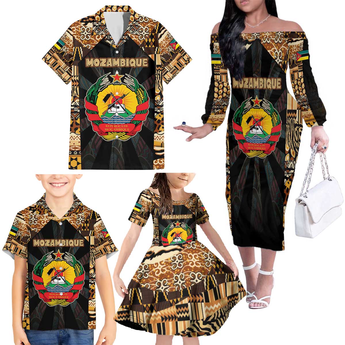 Mozambique Family Matching Off The Shoulder Long Sleeve Dress and Hawaiian Shirt with Black Brown Tribal Design and National Emblem - Wonder Print Shop