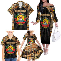 Mozambique Family Matching Off The Shoulder Long Sleeve Dress and Hawaiian Shirt with Black Brown Tribal Design and National Emblem - Wonder Print Shop