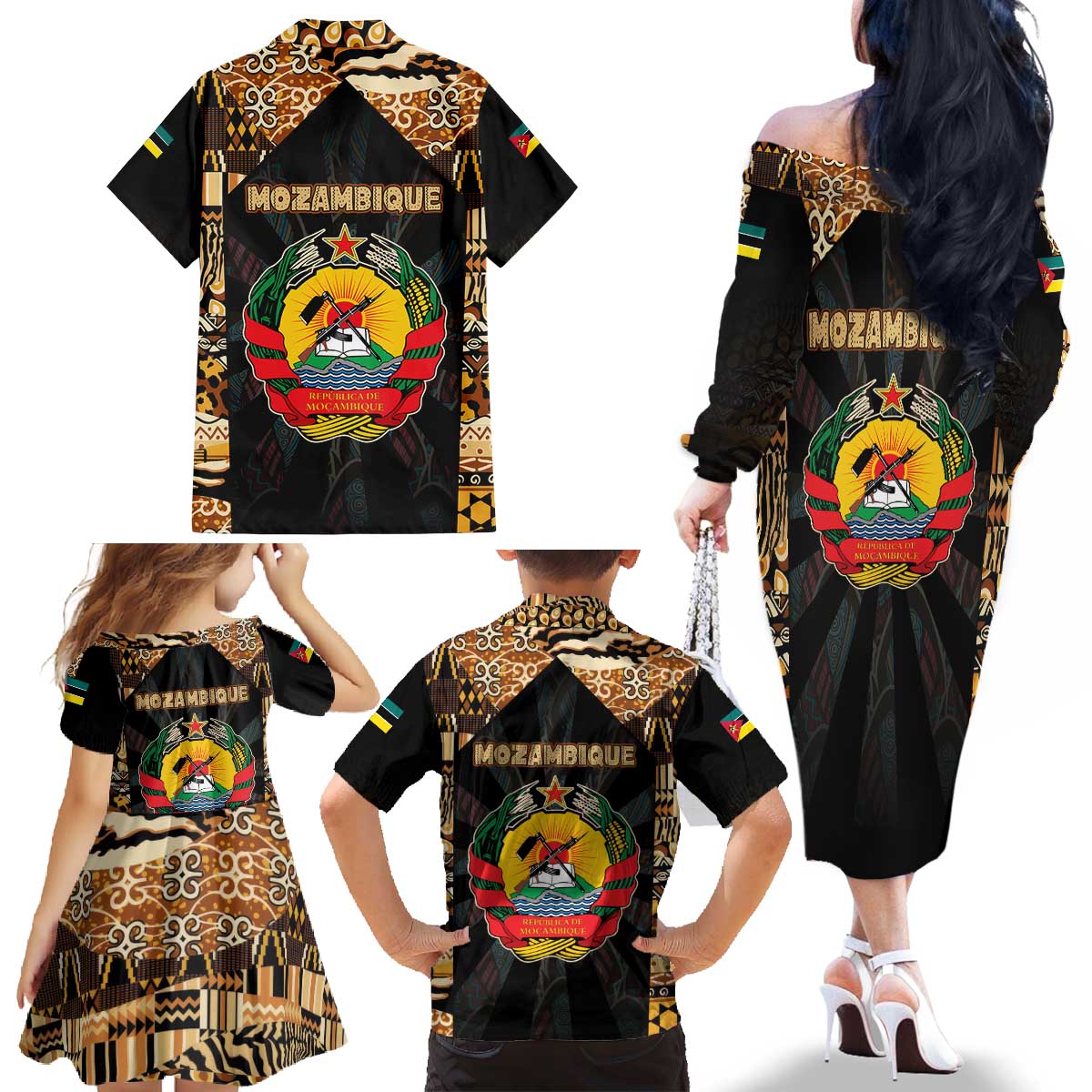 Mozambique Family Matching Off The Shoulder Long Sleeve Dress and Hawaiian Shirt with Black Brown Tribal Design and National Emblem - Wonder Print Shop