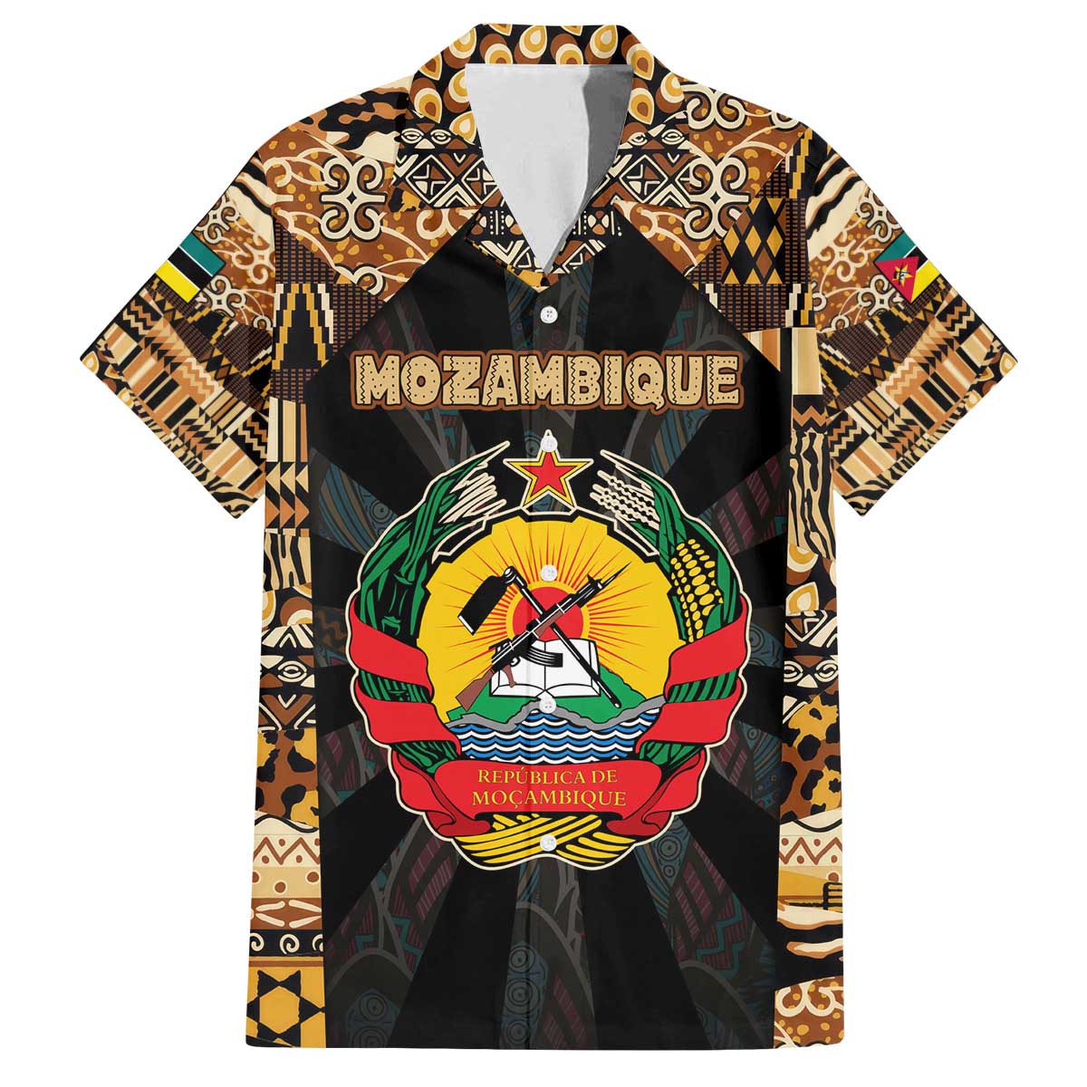 Mozambique Family Matching Off The Shoulder Long Sleeve Dress and Hawaiian Shirt with Black Brown Tribal Design and National Emblem - Wonder Print Shop
