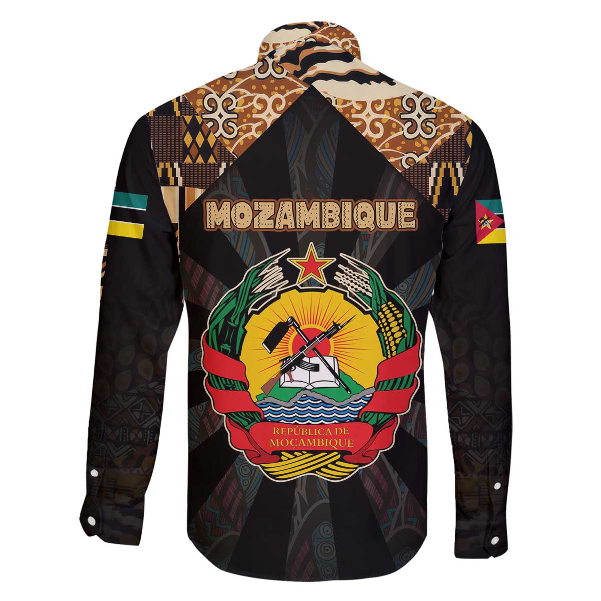 Mozambique Family Matching Off The Shoulder Long Sleeve Dress and Hawaiian Shirt with Black Brown Tribal Design and National Emblem - Wonder Print Shop
