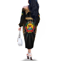 Mozambique Family Matching Off The Shoulder Long Sleeve Dress and Hawaiian Shirt with Black Brown Tribal Design and National Emblem - Wonder Print Shop